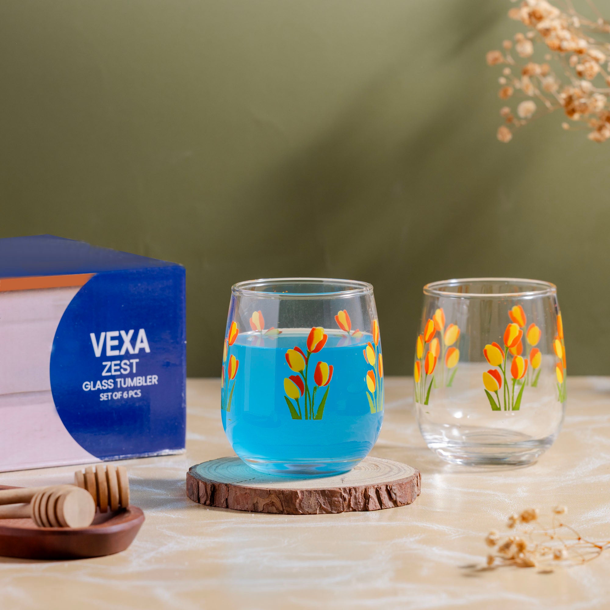 YERA Prima Vexa Floral Juice Glass, 210ml, Set of 6 – Printed Glass Juice Set