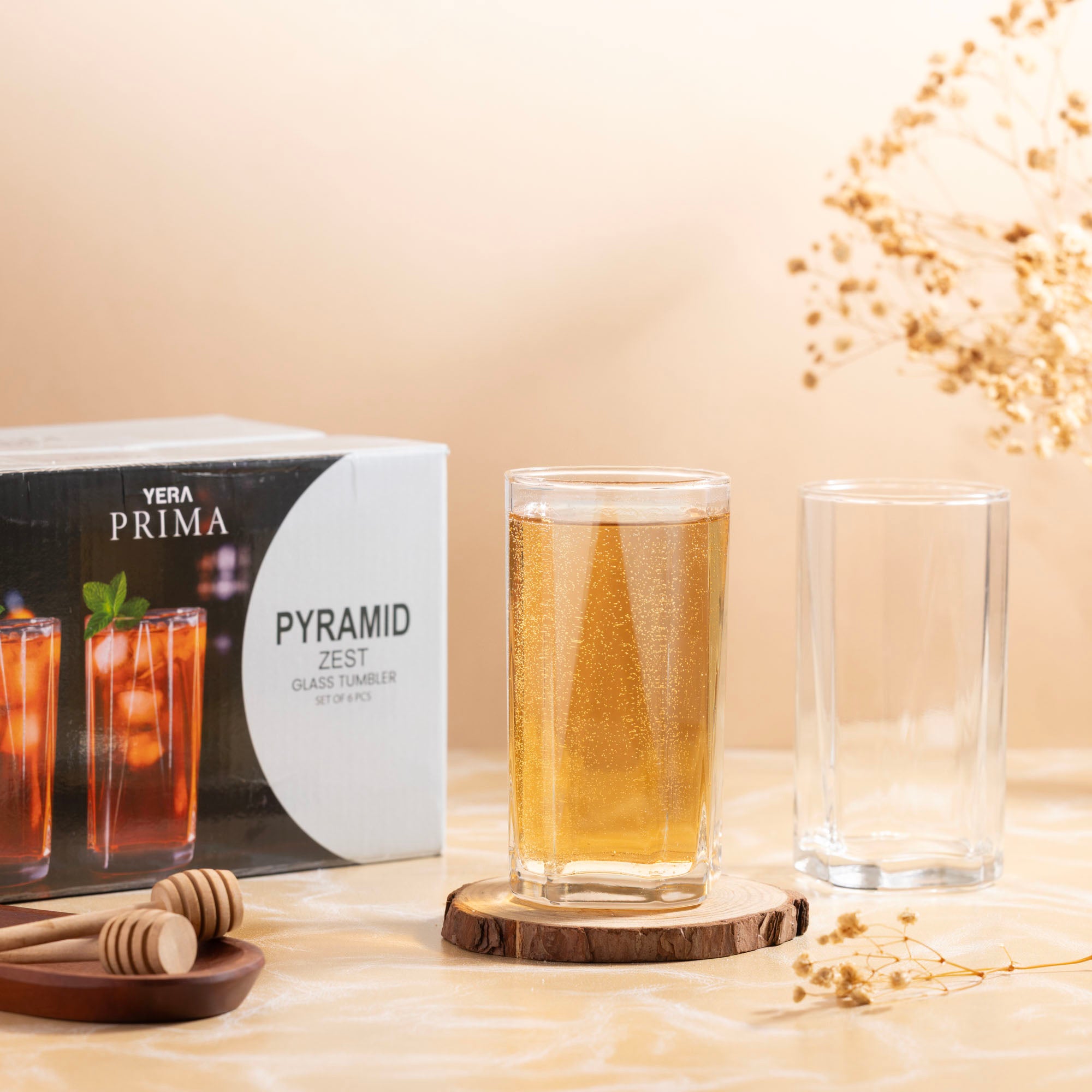 YERA Prima Pyramid Glass Tumbler, 275ml, Set of 6 – Textured Glass Tumblers